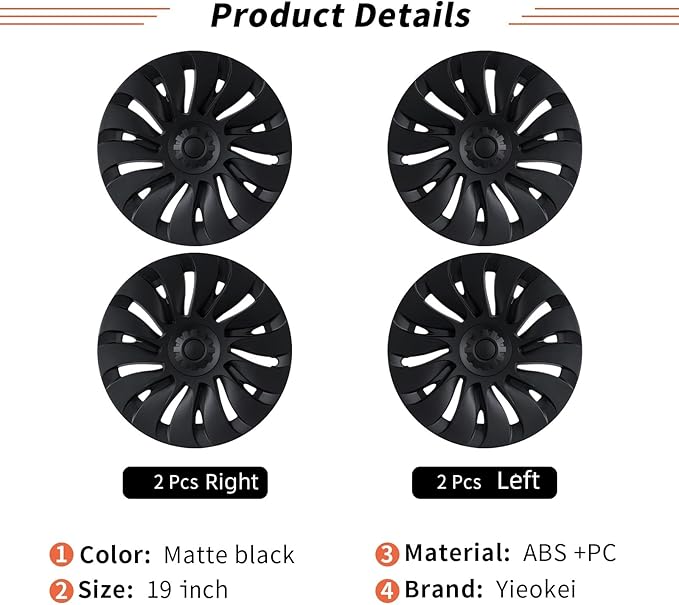 Tesla Model Y Wheel Covers 19 Inch 2020-2024 Uberturbine Tesla Model Y Uberturbine Hubcaps Left-Right Aero Symmetry, Matte Black, Wind Drag Reduction Model Y Accessories with Tire Repair Kit (4 Pack)
