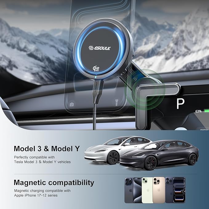 Esoulk Qi2-Certified 25W Fast Wireless Phone Charger, Magnetic Phone Mount Charger with Cooling Fan, Wireless Phone Charger, Magnetic Car Phone Holder for Tesla Model S 3 X Y, iPhone 17/16/15/14/13/12