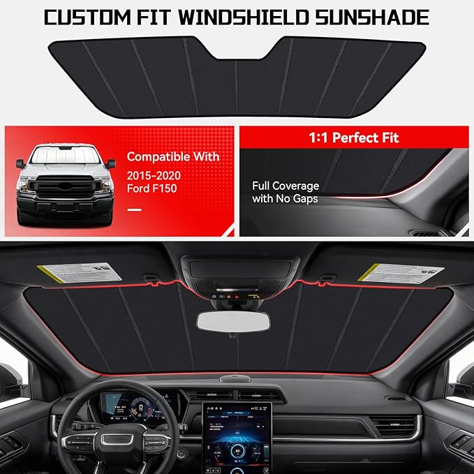 Windshield Sun Shade Custom Fit for Ford F150 F-150 2015-2020, Accordion Folding Thick Window Sunshade Block Heat 99% UV Rays Sun Visor Keep Cooler Car Accessories