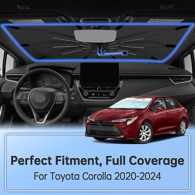 Windshield Sun Shade Umbrella for Toyota Corolla 2020-2024, Foldable Sunshade for Car Front Window, 360 Rotation Automotive Interior UV Protection for Outdoor Parking, Keep Car Cool