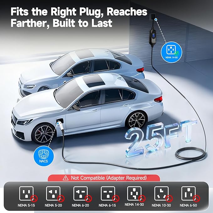 Tesla Charger,Level 2 EV Charger for Tesla 40Amp 240V with NEMA 14-50 Plug, Adjustable Current & Timer,25Ft Tesla Charging CableMobile Connector for Tesla Model Y/3/X/S/Cybertruck