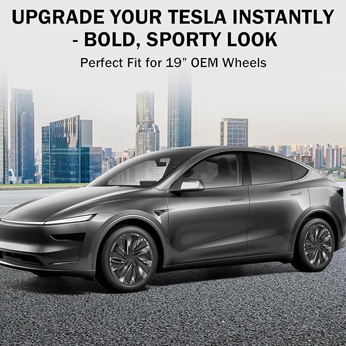 Hubcaps for Tesla Model Y Juniper 2026, 19 Inch Matte Black Wheel Covers with Center Caps, Cross-Spoke Design Rim Protectors, Easy Clip-On Installation, for Model Y Juniper Accessories