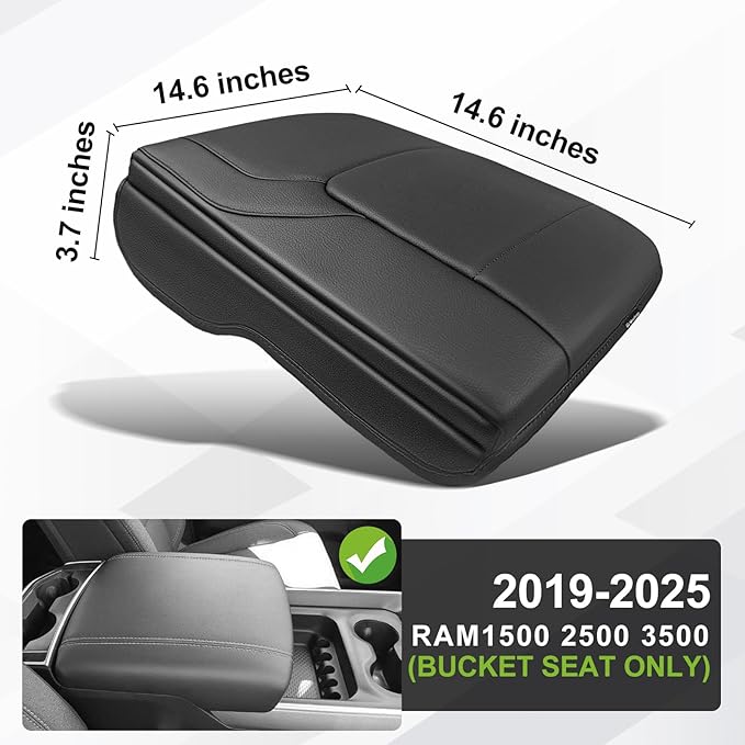 Muslogy Center Console Armrest Cover Fit for Dodge Ram1500 2500 3500 2019-2026 Accessories, Comfort Armrest Pad Console Lid Cushion Vegan Leather 1-Inch Thick(Bucket Seat ONLY, NO Limited,Laramie)