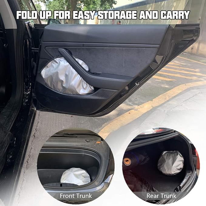 ROCCS Windshield Sun Shade Compatible with Tesla Model 3/Model Y 2016-2026 - 210T Double Layer Blocking Fabric Foldable Heat Shield Sun Visor - Folding Sunshade with Elastic Rope and Storage Bag