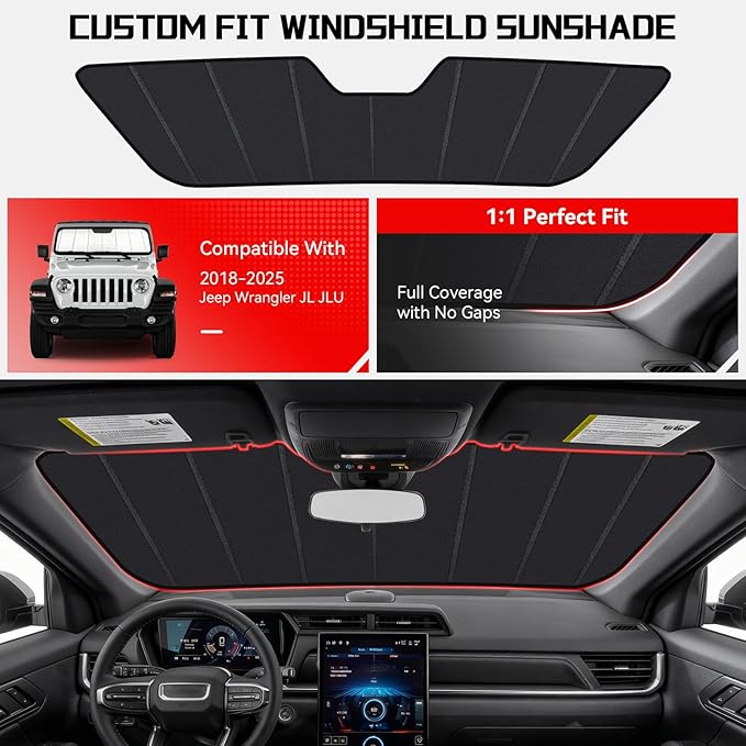 Windshield Sun Shade Custom Fit for Jeep Wrangler JL JLU 2018-2025/Gladiator JT 2020-2025, Accordion Folding Thick Window Sunshade Block Heat 99% UV Rays Sun Visor Keep Cooler Accessories