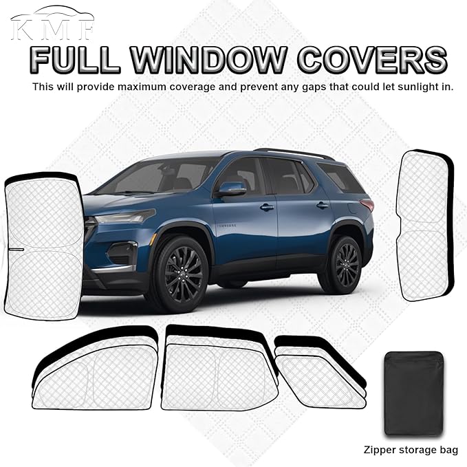 KMF 8pcs Thicken Sun Shades for Chevy Traverse 2018-2023 Accessories,Chevrolet Full Car Window Covers Sunshade for Windshield Side Rear, UV Block and Blackout Privacy for Car Camping Outdoor