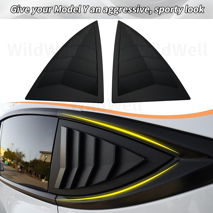 WildWell Rear Side Window Louver Cover for 2020-2026 Tesla Model Y & Model Y Juniper, Side Window Louver Air Vent Scoop Sunshade Covers Exterior Accessories Matte Black
