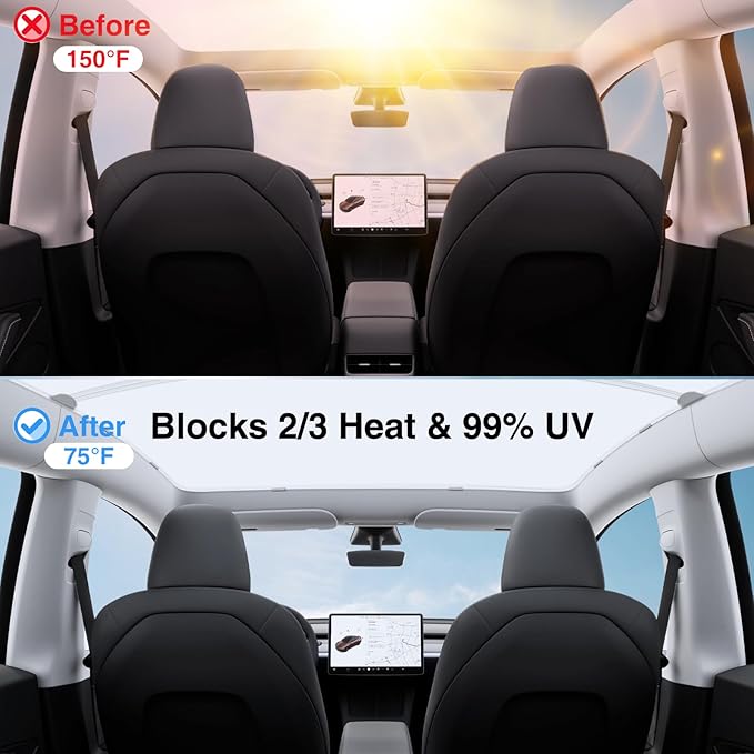 2025-2026 Tesla Model Y Juniper Sunshade Roof, [No Sag & No Gaps] Nano Ice-Crystal Coatings Glass Roof Sun Shade, 60s Installation Heat Insulation Foldable Sunroof Cover Accessories, Gray
