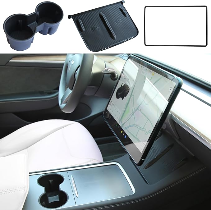 3PCS Center Console Accessories for Tesla Model Y 2021-2024 and Model 3 2021-2023 Cup Holder Insert, Screen Edge Protector Frame, Silicone Wireless Charger Mat, Black