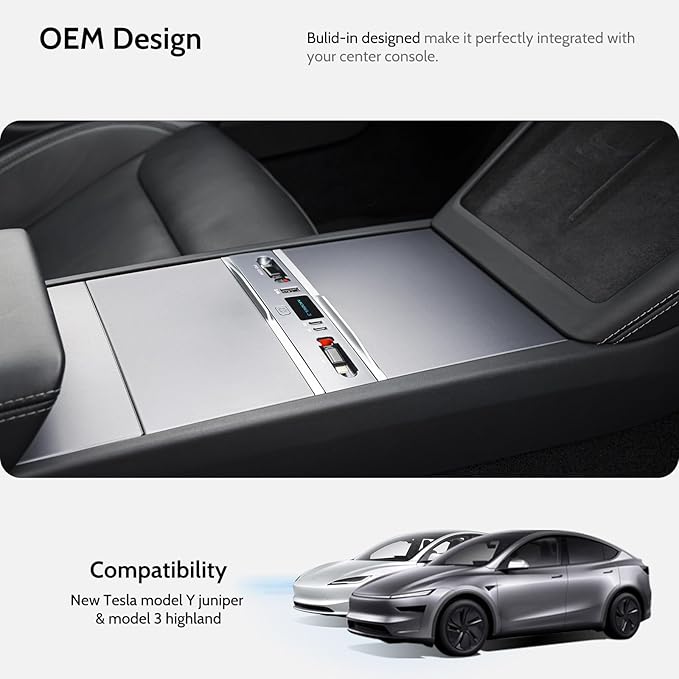 125W Max Retractable USB Hub, Tesla New Model 3 Highland (2025/2024) Accessories, Super Fast Charger Up 65W for MacBook Pro/Air/iPhone 16/15/Samsung Series, 5 in 1 Docking Station