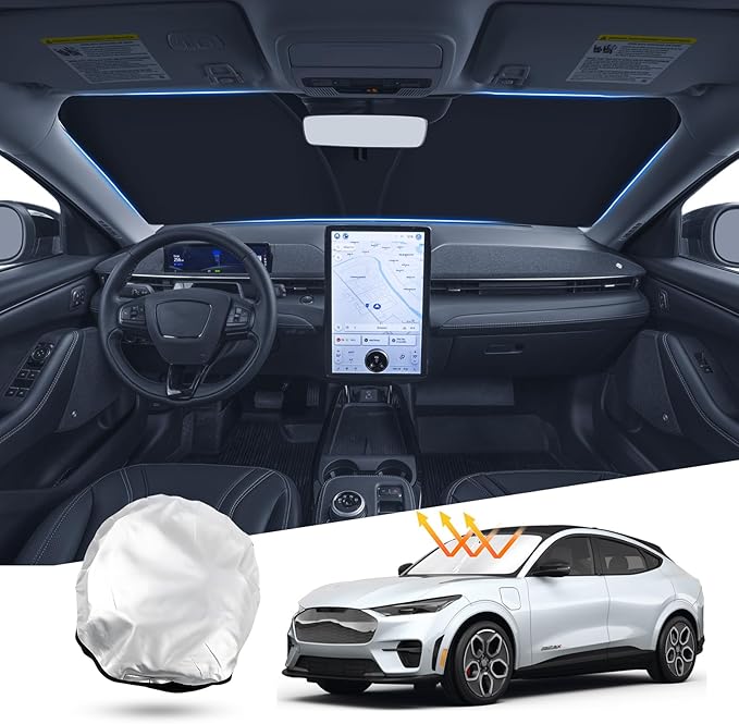 T TGBROS Windshield Sun Shade for Ford Mustang Mach-E 2021-2025 2026 Front Window Sunshade Sun Shield Foldable Sun Visor Cover for Mustang Mache Accessories Block Heat and Sun Protection