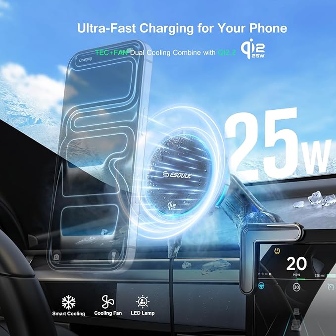 Esoulk Qi2-Certified 25W Fast Wireless Phone Charger, Magnetic Phone Mount Charger with Cooling Fan, Wireless Phone Charger, Magnetic Car Phone Holder for Tesla Model S 3 X Y, iPhone 17/16/15/14/13/12