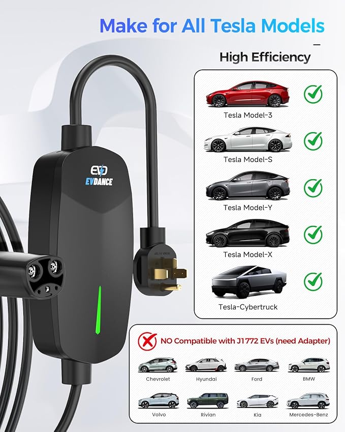 EVDANCE Level 2 EV Charger for Tesla, 32A/7.68kW Fast Home & Portable EV Charging Station with 25FT Cable, NEMA 14-50 Plug, NACS Connector Compatible with All Tesla Models S/3/X/Y/Cybertruck