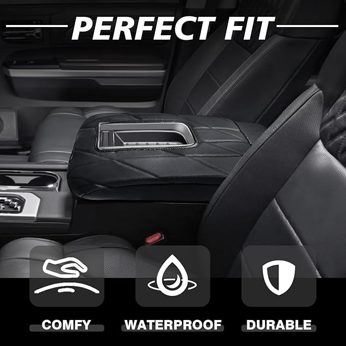 Muslogy Center Console Armrest Cover Fit for Toyota Tundra 2014-2021 Accessories, Comfort Armrest Pad Console Lid Cushion Vegan Leather Regular Thick(Bucket Seat ONLY)