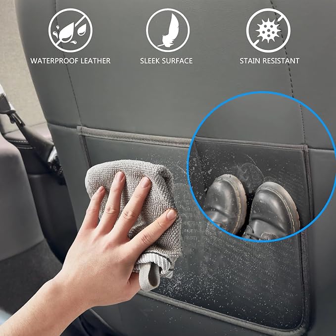 Seat Back Kick Protector for Tesla Model Y Model 3 Model S Model X Leather Backseat Mats for Kids Wear-Resistant Back Seat Cover with Extra Organizer Pocket 2 PCS -Black
