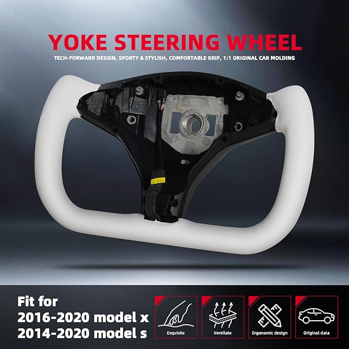 Yoke Steering Wheel, White Microfiber Smooth Leather for Tesla Model X 2016-2020,For Tesla Model S 2014-2020 With Heating Function