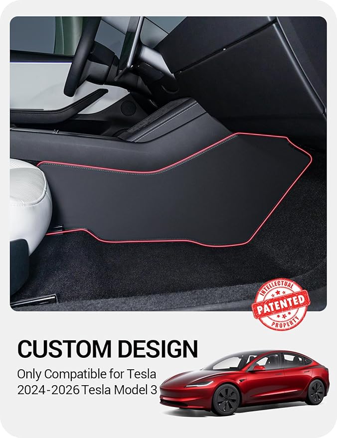 BASENOR 2026 2025 2024 Tesla Model 3 Highland Center Console Side Anti-Kick Mats, Waterproof & Dust Resistant Protector Cover Front Seat Side Leather Pad 2PCS (Standard/Premium/Performance)