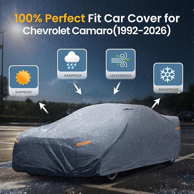 Waterproof Chevrolet Chevy Camaro(1992-2026) Car Cover with Breathable Vents, [2026 Upgrade] Premium Covers with Cotton Liner and Zipper Door, Sun Rain Snow Dust Uv Protection.(Gift with Towel)