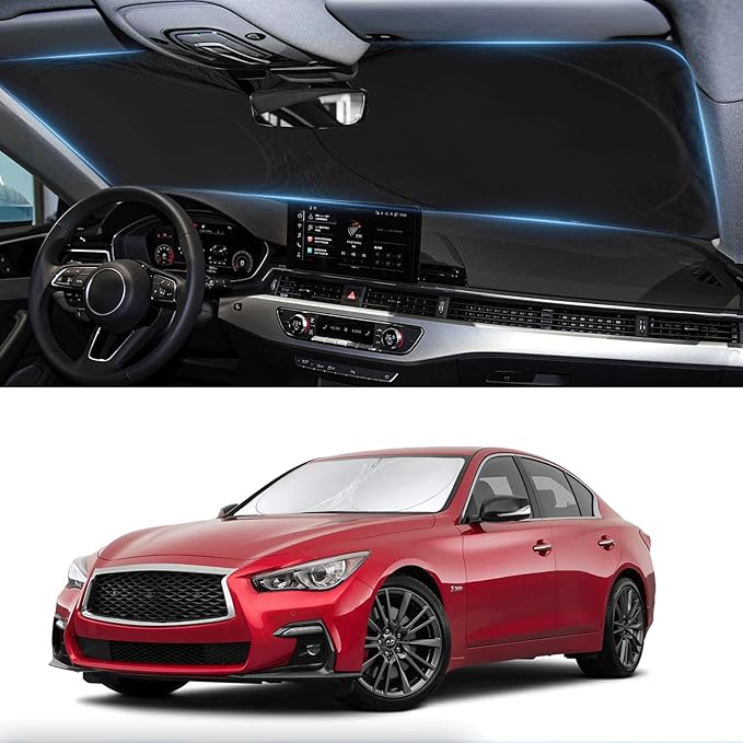 Custom Fit Infiniti Q50 Windshield Sunshade for 2014-2024 2025 Q50 for Infiniti Front Window Shades Cover for Windshield Sun Visor Protector 210T Reflector Blocks UV Rays Cooler Car Accessories