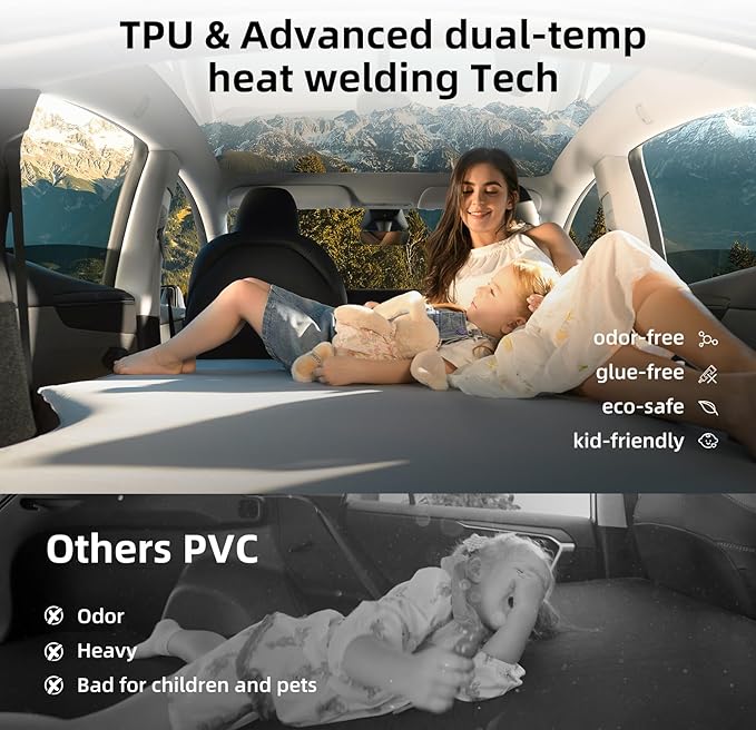 Tesla Model Y/Juniper Auto-level FlatCore TPU Backseat Mattress, 7.5’’ Thick Solid Foam Full Size Bed, Built-in Pump & Wedge Design Levels 12° Slope to True Flat for Roadtrip, Camping, Job Shifts, Nap