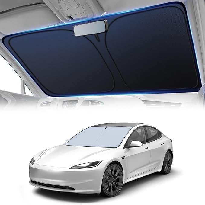 Windshield Sun Shade for Tesla Model 3 & Model Y, 4-Layer Reflective Sunshade Blocks Heat & UV, Sun Shade Windshield Keeps Interior Cooler, Pop-Up Design, Folds Quickly | Custom Fit (57"x36")