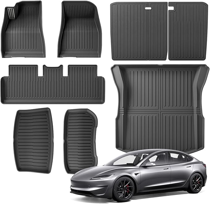TPE Floor Mats fit for Tesla Model 3 Highland 2025 2024 All Weather TPE Cargo Liner Cargo Trunk Accessories and Cargo Trunk Mats Front Rear Cargo Mat Full Set