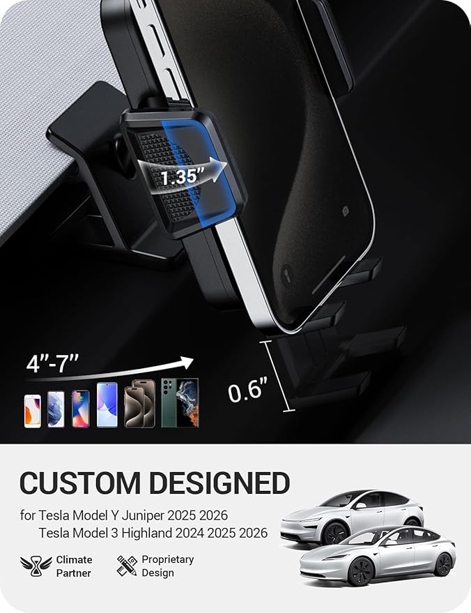 BASENOR Phone Mount for 2025 2026 Tesla Model Y Juniper/Model 3 Highland, Dashboard Phone Holder Does Not Block View [No Adhesive][Dual Arms][360° Adjustable] Tesla Accessories Fit All Smartphone