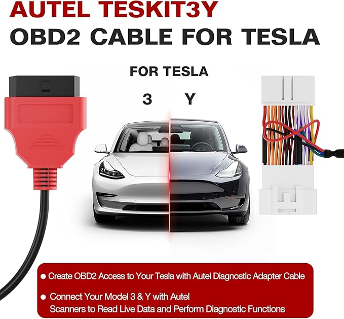 Autel Original TESKIT3Y Teala Diagnostic Cable Adapter for Tesla Model 3 & Y, 26Pin OBD1 to 16 Pin OBD2 Extension Harness Connector Work w/Autel Scanner MaxiSys Ultra/Elite II PRO/ MS908S PRO/ MS909