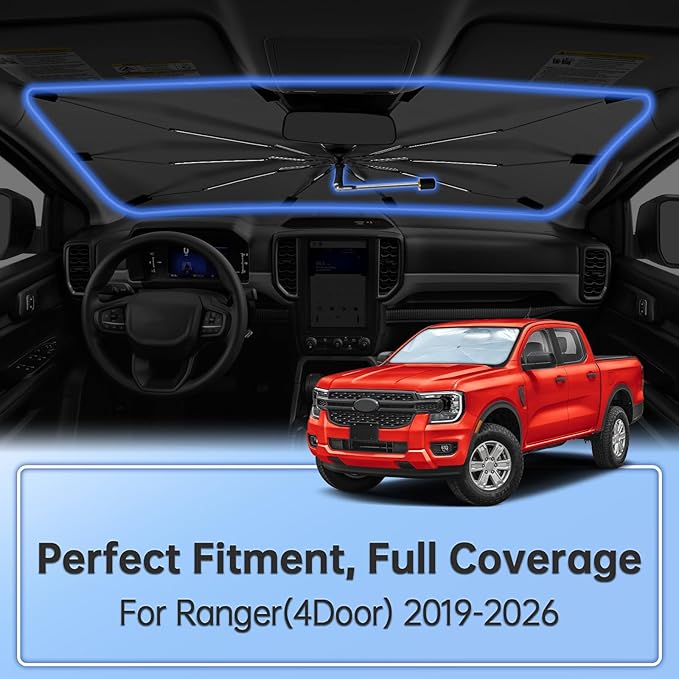 Windshield Sun Shade Umbrella for Ford Ranger(4Door) 2019-2026, Foldable Sunshade for Car Front Window, 360 Rotation Automotive Interior UV Protection for Outdoor Parking