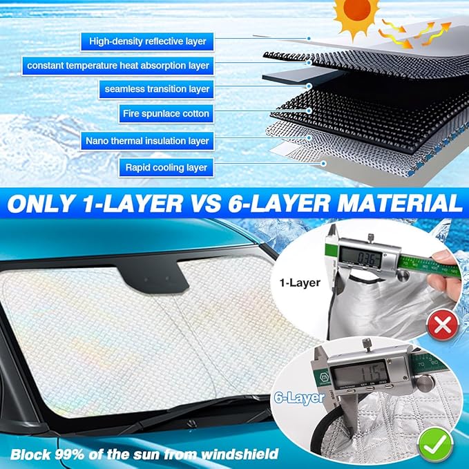 Windshield Sun Shade for Jeep Grand Cherokee 2011-2021 (Not for Jeep Cherokee & Grand Cherokee L) Thicken 6-Layer Foldable Front Window Sunshade Cover Sun Visor UV Rays Keep Vehicle Cool