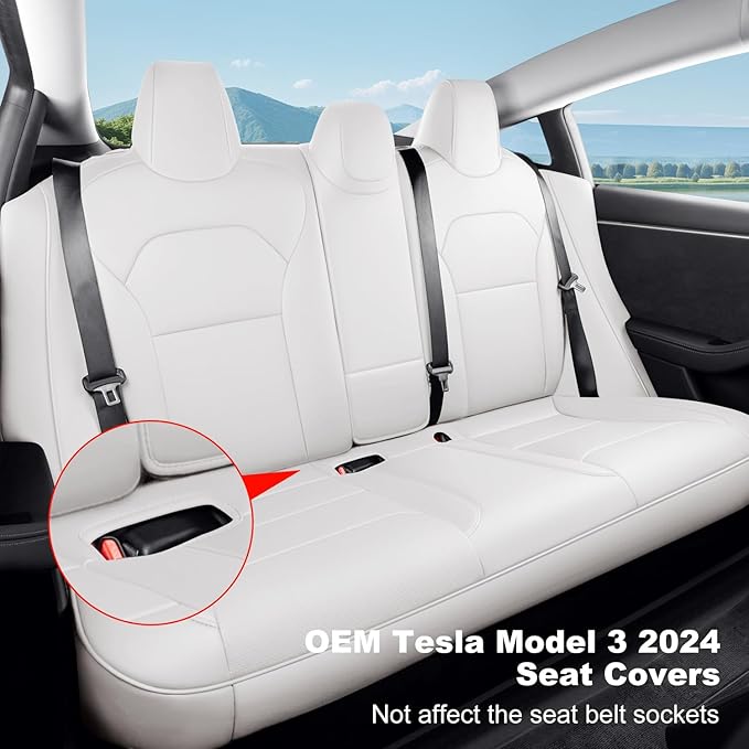 2024 Tesla Model 3 Highland Upgraded Car Seat Covers Nappa Leather Car Interior Airbag Compatible Cushion Cover Full Set Custom Fit Model 3, Nappa White