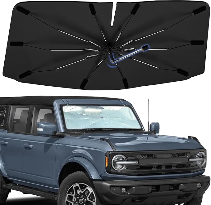 Windshield Sun Shade Umbrella for Ford Bronco(4-Door，not for Bronco Sport) 2021-2025, Foldable Sunshade for Car Front Window, 360 Rotation Automotive Interior UV Protection for Outdoor Parking