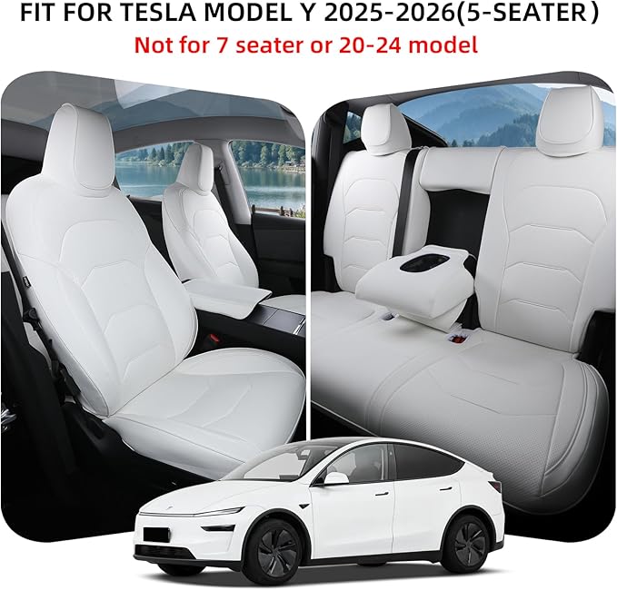 Tesla Model Y Seat Covers 2025 2026 Full Coverage Nappa Leather Car Seat Cover Interior Full Set Accessories Airbag Compatible Cushion Cover Custom Fit(White,5-Seater)