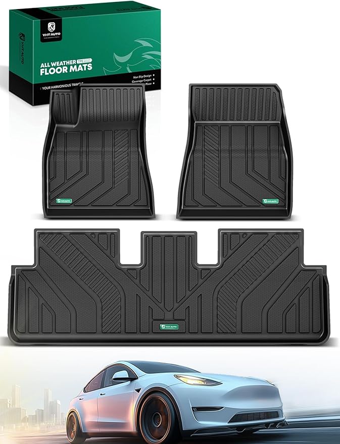 YHTAUTO Floor Mats Compatible with Tesla Model 3 2024 2025 2026, TPE Floor Liners All Weather Custom Fit, 1st & 2nd Row, Set of 3, Black