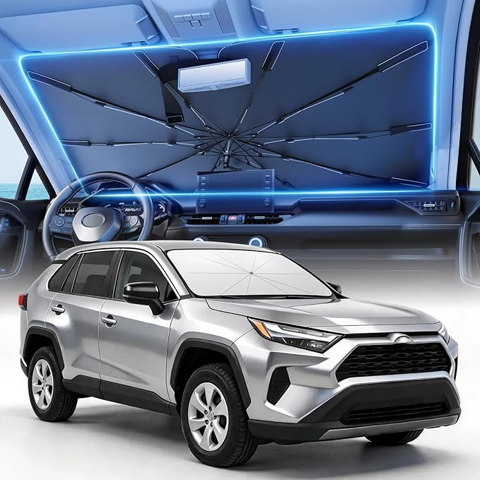 [2026 Upgraded] Weektic Custom Windshield Sun Shade for Toyota RAV4 2013-2025, 5 Layers Ice Crystal Coating Blocks 99% UV, Cools Interior | 360° Swivel Handle for Easy Use