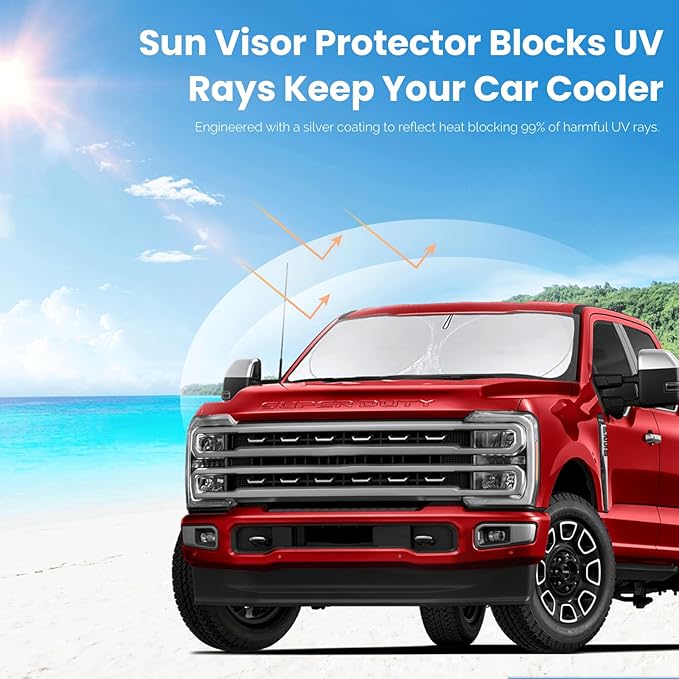 for Ford F250 F350 F450 F550 2017-2024 2025 Super Duty Crew Cab Windshield Sun Shade, Foldable Front Windows Sunshades Custom Fit F 250 Folding Sun Visor Shield Blocks UV Car Accessories