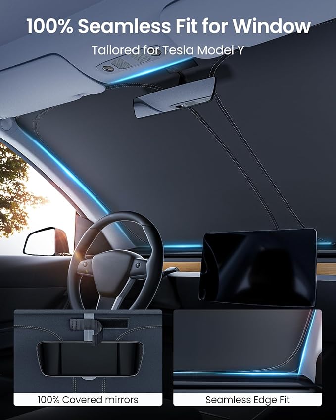 REEVAA Upgraded Tesla New Model Y (Juniper) Sunshade Windshield [Tailored Fit, 99% Sun Protection] Foldable Sun Shade Accessories with Storage Bag for Model Y 2016-2026, Silver Coating