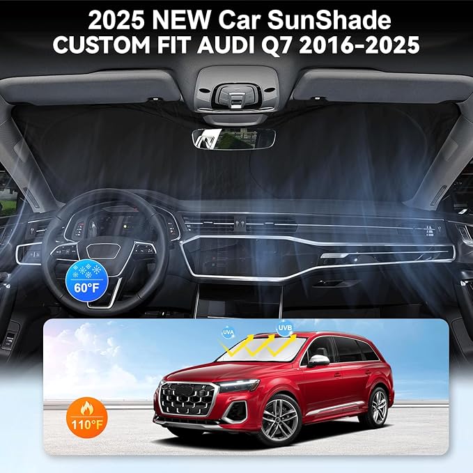 Custom fit Audi Q7 Windshield Sunshade for 2016-2023 2024 2025 2026 Audi Q7 SUV Shades Cover for Windshield Sun Visor Screen Protector 210T Reflective Blocks UV Rays Cool Car Accessories