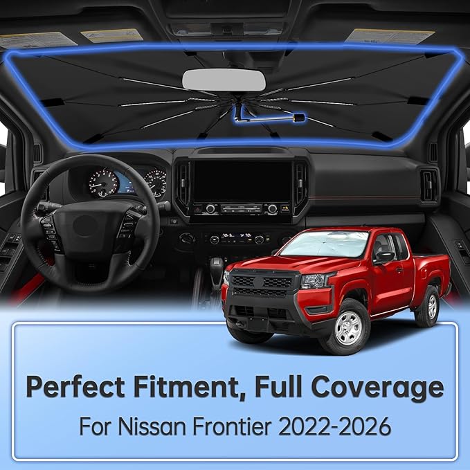 Windshield Sun Shade Umbrella for Nissan Frontier 2022-2026, Foldable Sunshade for Car Front Window, 360 Rotation Automotive Interior UV Protection for Outdoor Parking, Keep Car Cool
