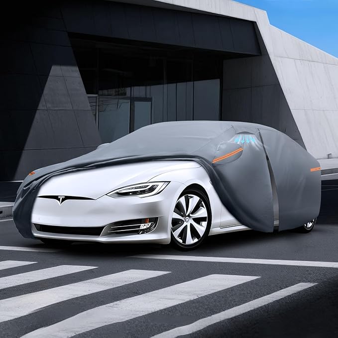 Waterproof Tesla Model S(2012-2026) Car Cover with Breathable Vents, [2025 Upgrade] Premium Covers with Cotton Liner and Zipper Door,Sun Rain Snow Dust Uv Protection.(Gift with Towel)
