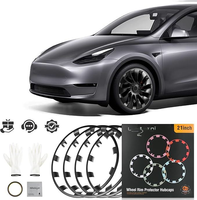 Wheel Rim Protect for Tesla Model Y 21" (2020-2024), Easy-Install Hubcaps Wheel Cover, Scratch-Resistant Car Tire Trim Rings, Stylish Design for Induction Wheels, Gunpowder 4Pcs Model Y Accessories