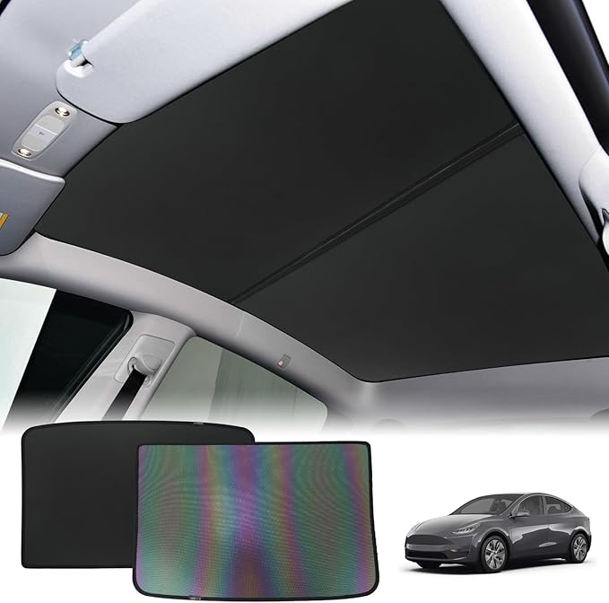 ROCCS Sunshade Roof for Tesla Model Y 2020-2024 Colorful Ice Crystal Glass Roof Sunshade Sunroof No-Sag Design Retractable Sunshade Heat Insulation Roof Window Sun Protection Snap Foldable (Black)