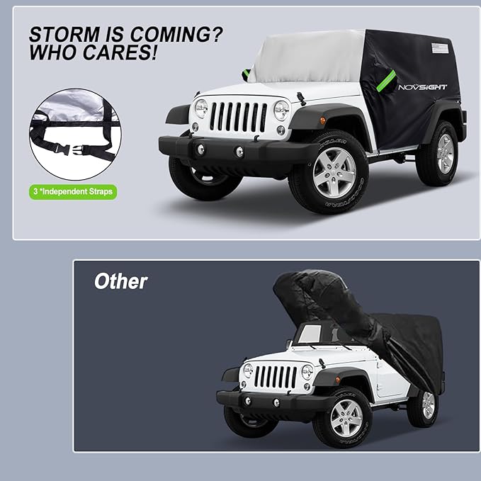 NOVSIGHT Cab Cover for Jeep Wrangler 4 Doors - 2007-2025 CJ, TJ, JK, JL, All Weather Half Car Covers for Wrangler 4 Door with 3 Straps Anti-UV Windproof Rain-Proof Auto Cover with Storage Bag