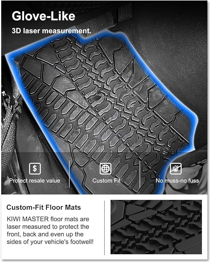 KIWI MASTER Floor Mats for 2007-2013 Jeep Wrangler JK 2-Door, Custom Fit All Weather Car Mats, Heavy Duty TPE Floor Liners, Front & Rear 2 Row, Black