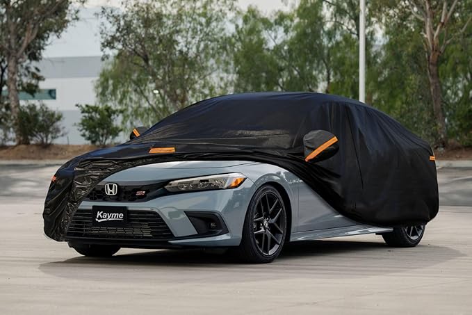 Kayme 7 Layers Car Cover Custom Fit for Honda Civic Sedan/Coupe (1991-2025) Waterproof All Weather for Automobiles, Outdoor Full Cover Rain Sun UV Protection with Zipper Cotton/Black