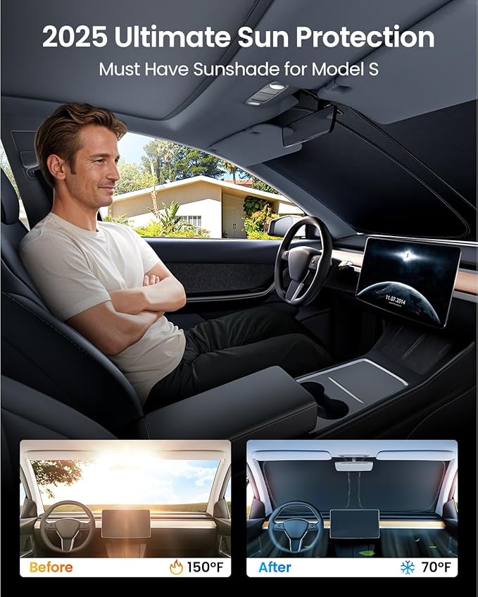 REEVAA Upgraded Tesla Model S Sunshade Windshield [Tailored Fit, 99% Sun Protection] Excellent Foldable and Easy-Use Sunshade Accessories with Storage Bag Fit Model S 2021-2025, Silver Coating