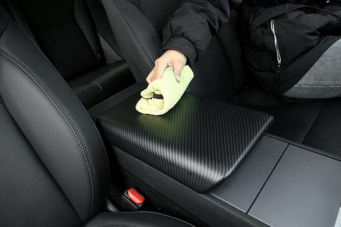 Car Center Console Armrest Cover for Tesla Model Y Juniper 2025 2026 & Tesla Model 3 Highland 2024-2026 Interior Accessories, Non‑Slip EZ Snap‑On Installation (Matte Carbon Fiber Pattern)