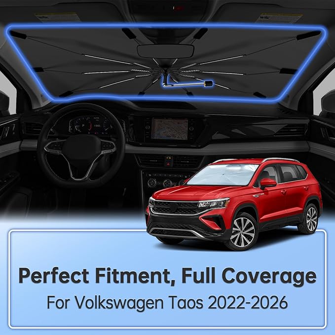 Windshield Sun Shade Umbrella for Volkswagen Taos 2022-2026, Foldable Sunshade for Car Front Window, 360 Rotation Automotive Interior UV Protection for Outdoor Parking