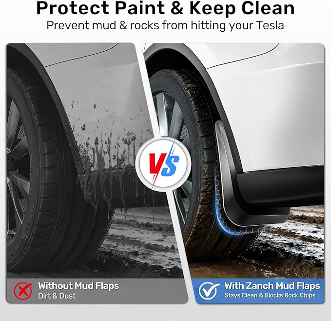 Zanch 2026 Upgraded Tesla New Model Y Juniper Mud Flaps [No Drilling & Protect Paint], OEM Design, Thick & Durable, Custom Fit for Tesla New Model Y 2025-2026 (Set of 4)