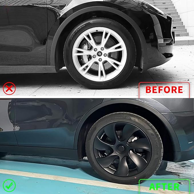 Tesla Model Y Wheel Covers 19 Inch 2020-2024 Uberturbine Tesla Model Y Uberturbine Hubcaps Left-Right Aero Symmetry, Matte Black, Wind Drag Reduction Model Y Accessories with Tire Repair Kit (4 Pack)